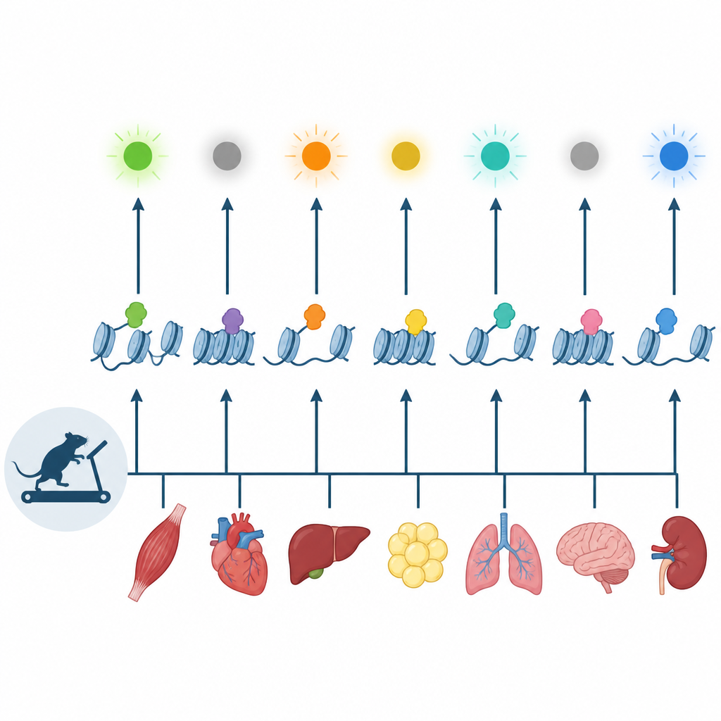 Figure 2. W jaki sposób trening wytrzymałościowy zmienia upakowanie DNA i przełączniki genów w różnych narządach, aby dostosować aktywność genów.