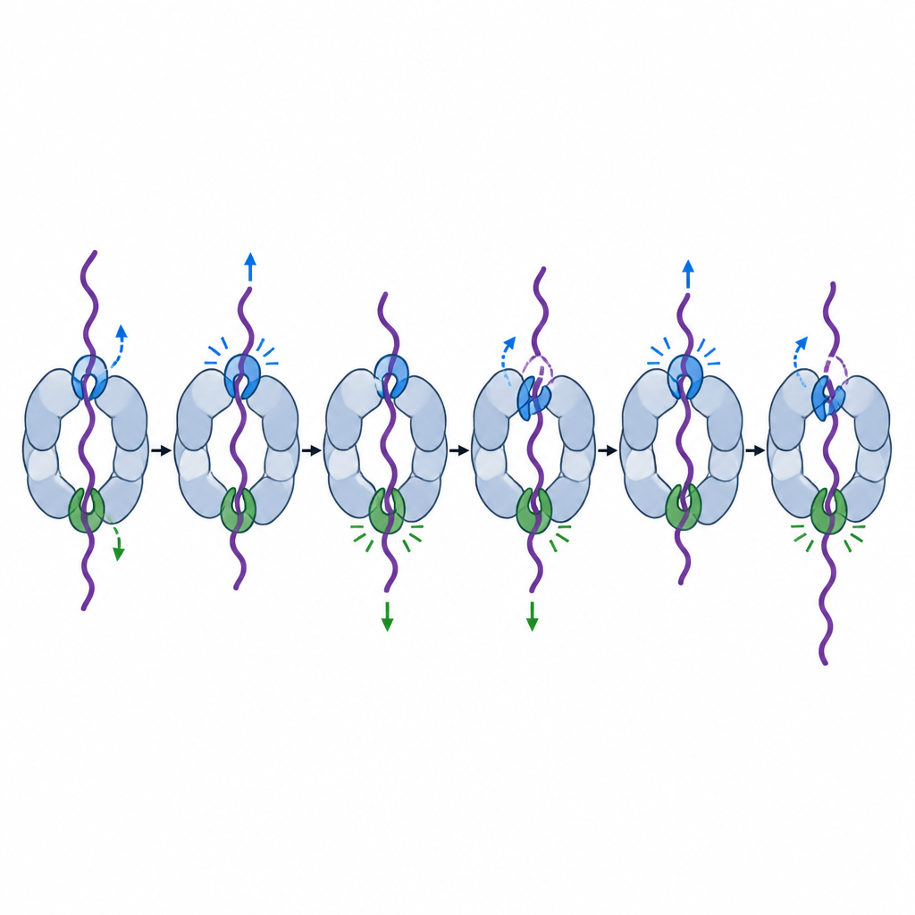 Figure 2. כיצד שני לופים אחיזה זעירים במכונת חלבון מושכים, מחליקים או מחזיקים שדה חלבוני יחיד במהלך הפירוק.