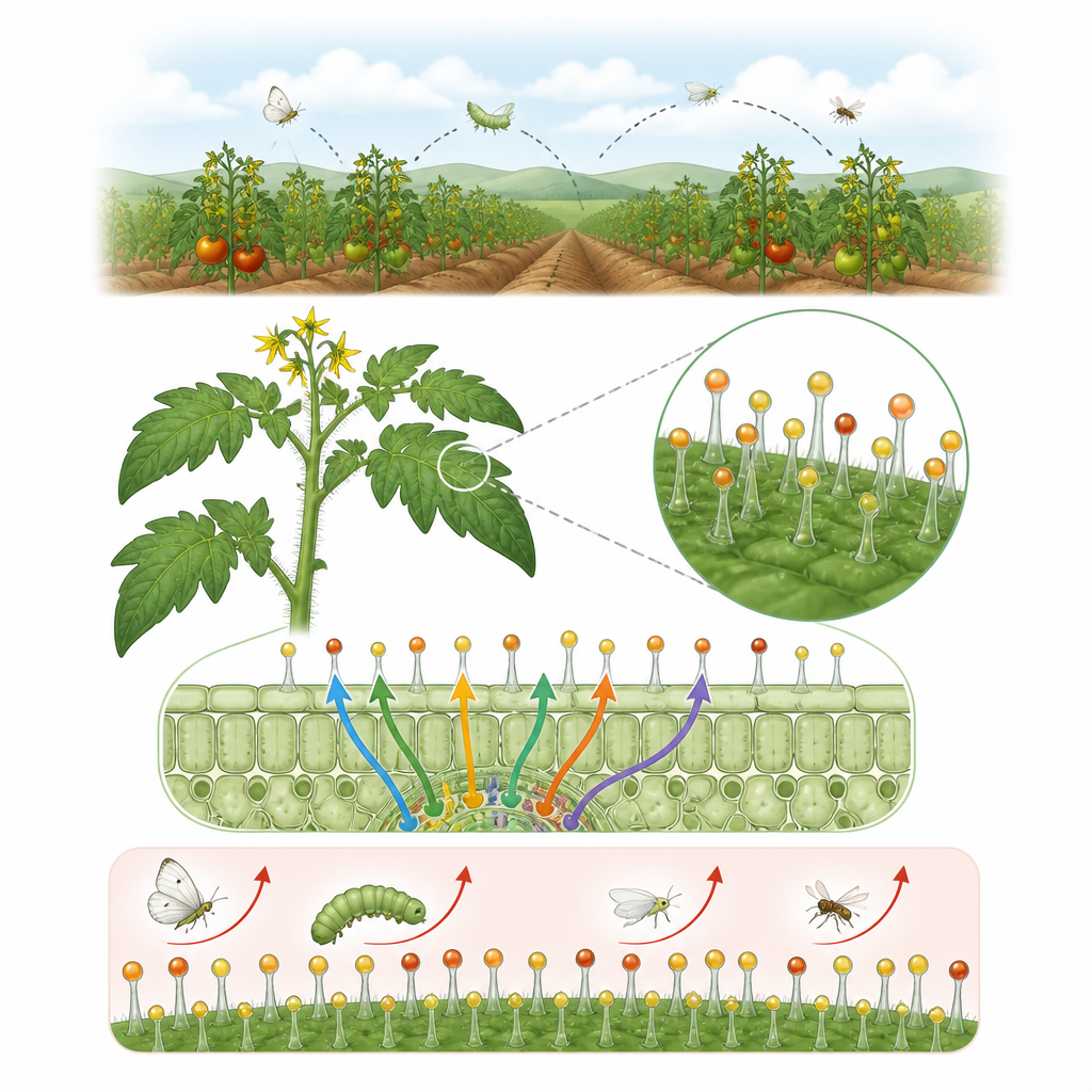 Figure 1. I peli fogliari del pomodoro trasformano la chimica quotidiana della pianta in goccioline appiccicose che contribuiscono a tenere lontani gli insetti.