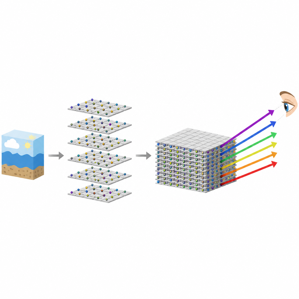 Figure 1. Fogli sottili con nanoparticelle aggiunte si autoassemblano in cristalli colorati che possono anche brillare e assorbire la luce come minuscoli metalli.