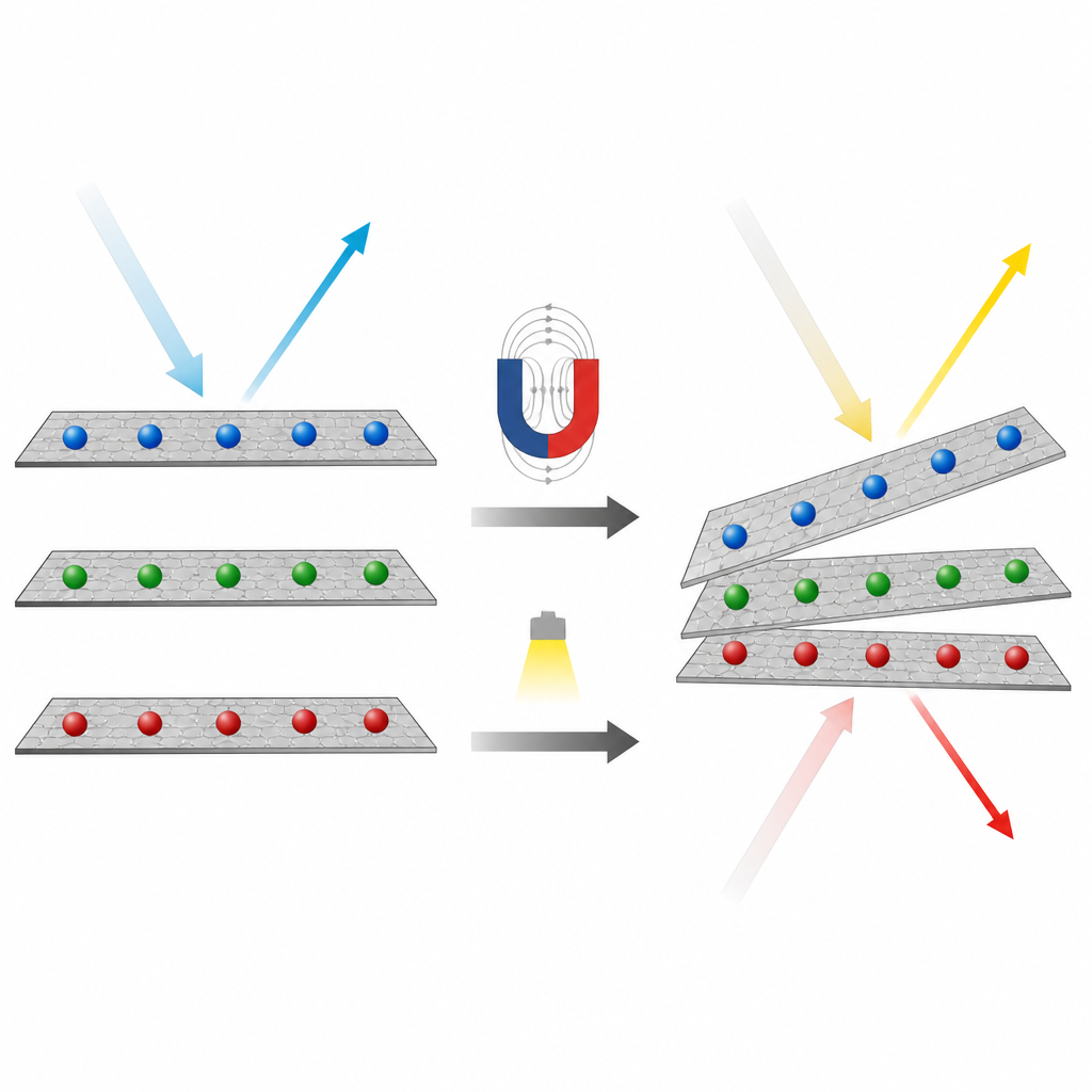 Figure 2. Campi magnetici e luce riorganizzano e riscaldano i nanosheet impilati, cambiandone la spaziatura e l'orientamento per commutare il colore osservato.