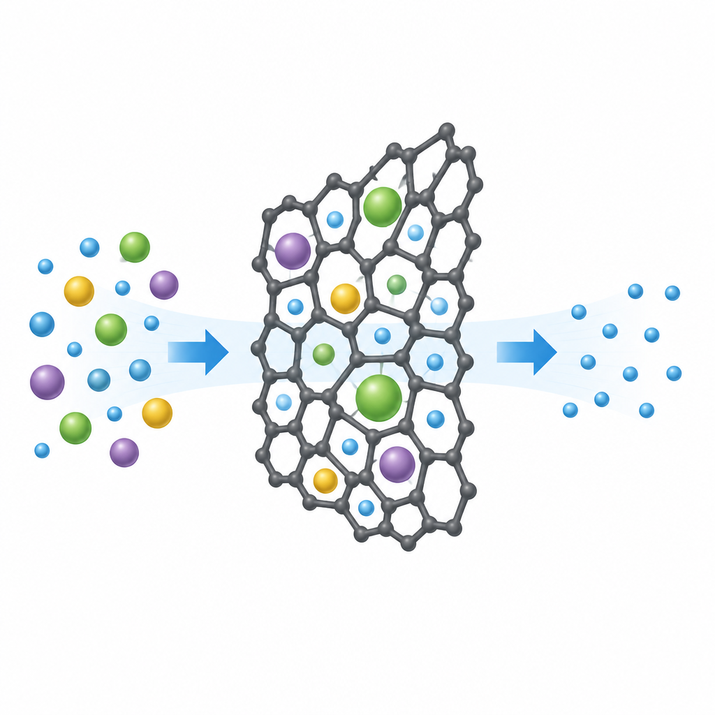 Figure 1. Nuovo solido poroso simile al grafene che filtra il gas naturale misto in correnti più pulite di metano ed etilene.