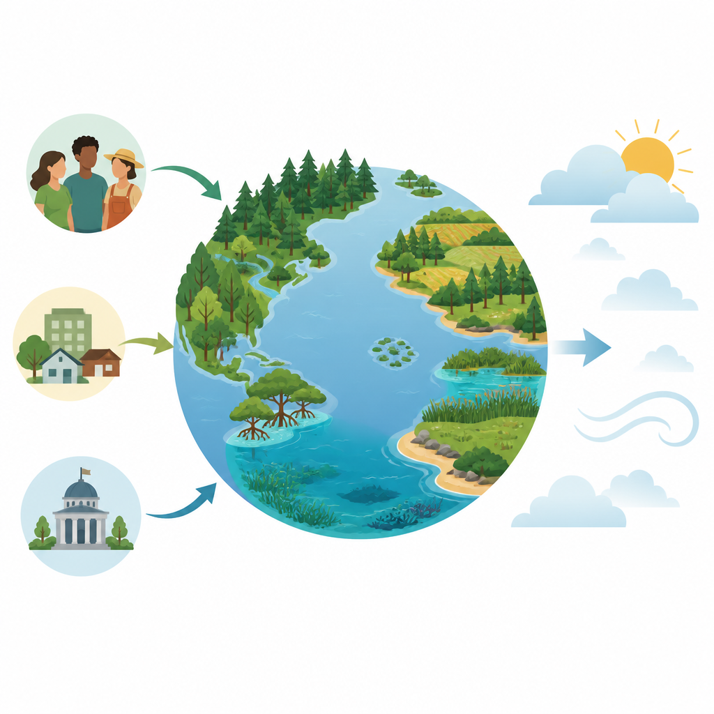 Figure 1. Wie Menschen, Politik und naturbasierte Maßnahmen weltweit zusammenwirken, um den Klimawandel zu bremsen.