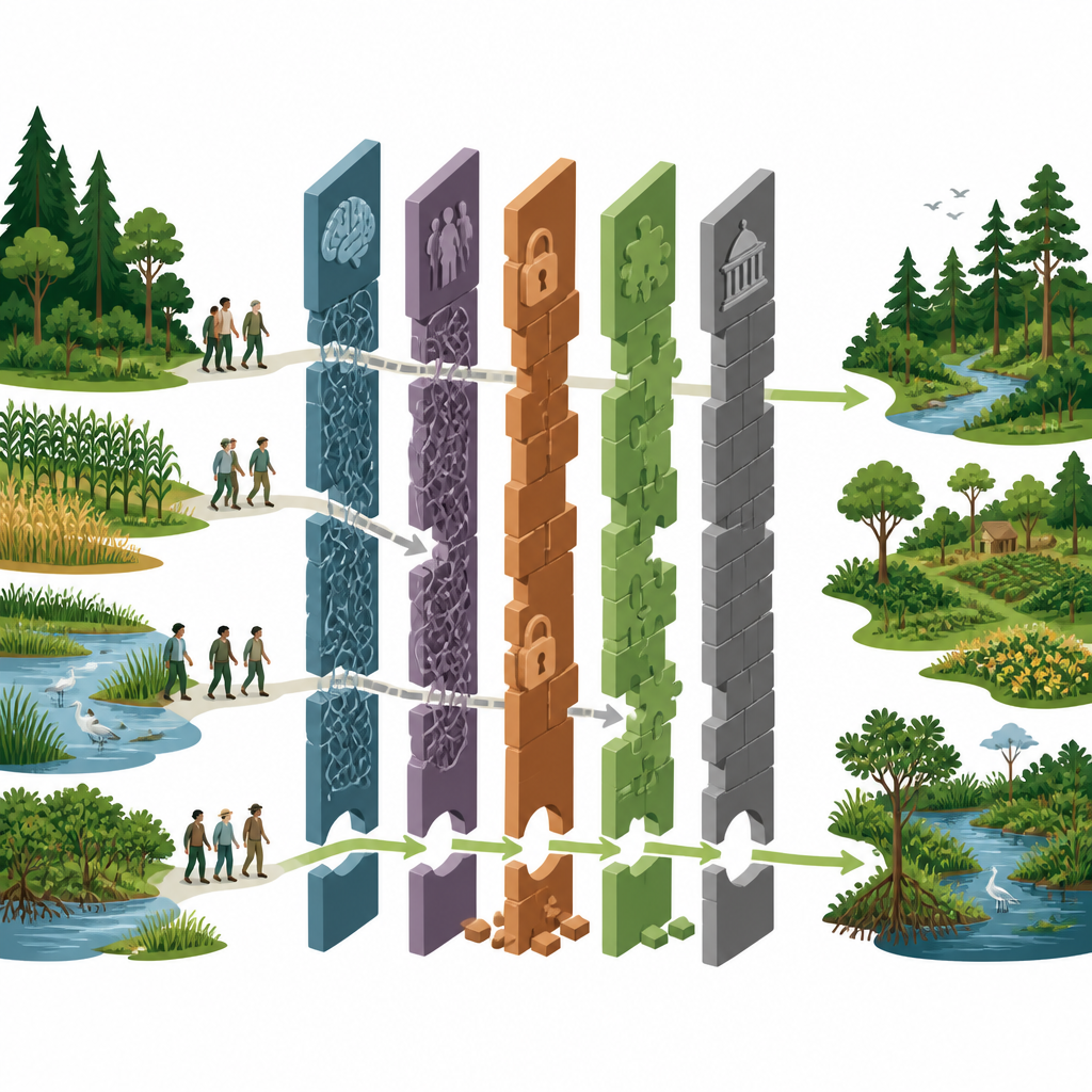 Figure 2. Wie verschiedene soziale, wissensbezogene, finanzielle und politische Hindernisse Naturprojekte daran hindern, ihr volles Klimapotenzial zu entfalten.