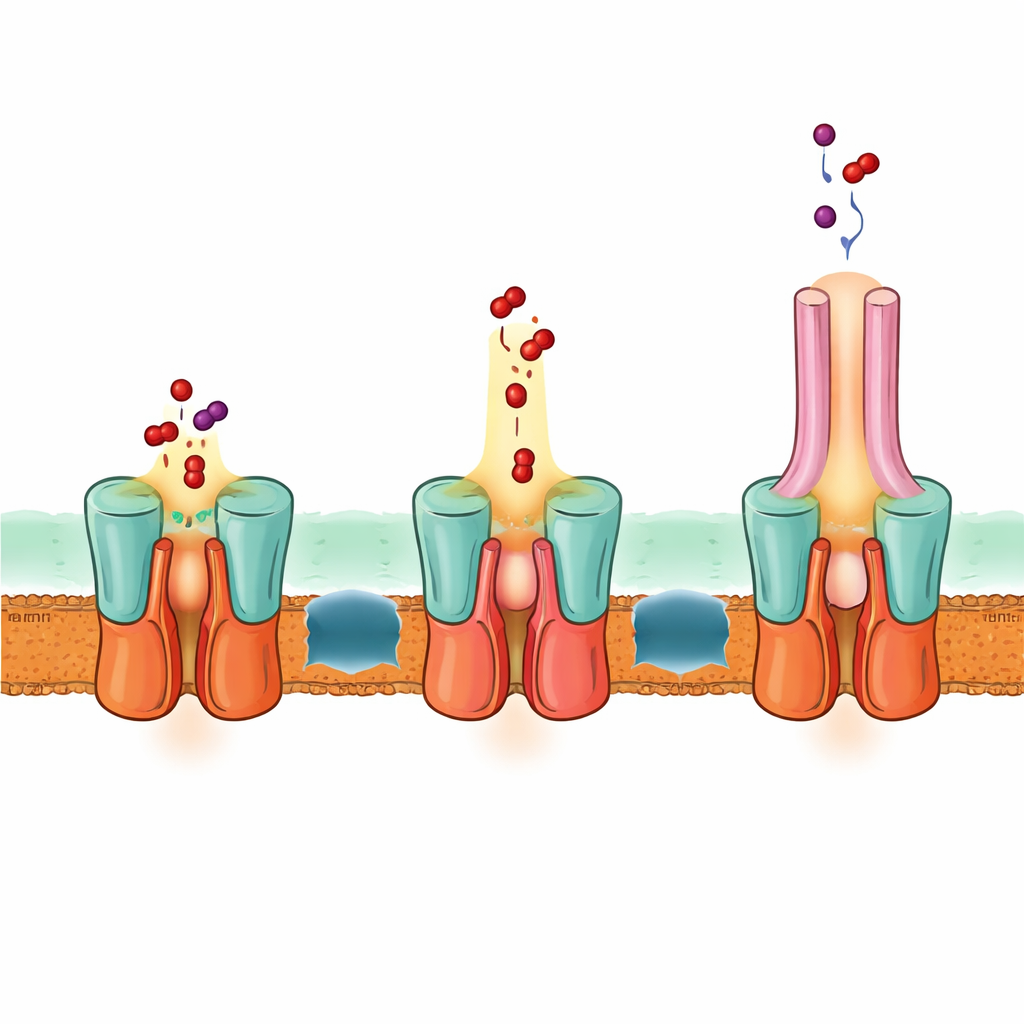 Figure 2. Stepwise view of the EmrAB-TolC pump using proton energy to shift shape and push drug molecules through a central channel