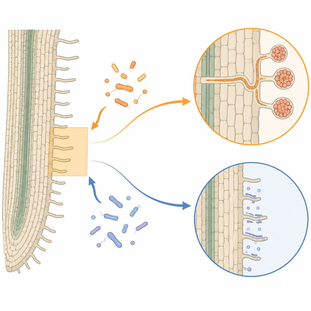 Figure 1. 根毛が土壌中の異なる細菌を感知し、密接な共生関係と単なる接触とをどのように選び分けるか。