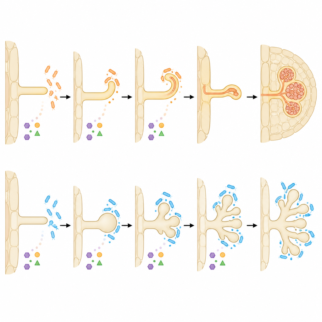 Figure 2. 根毛が共生細菌を段階的に内部へ導く一方で、他の微生物による表面変化を抑える過程の段階的な見取り図。