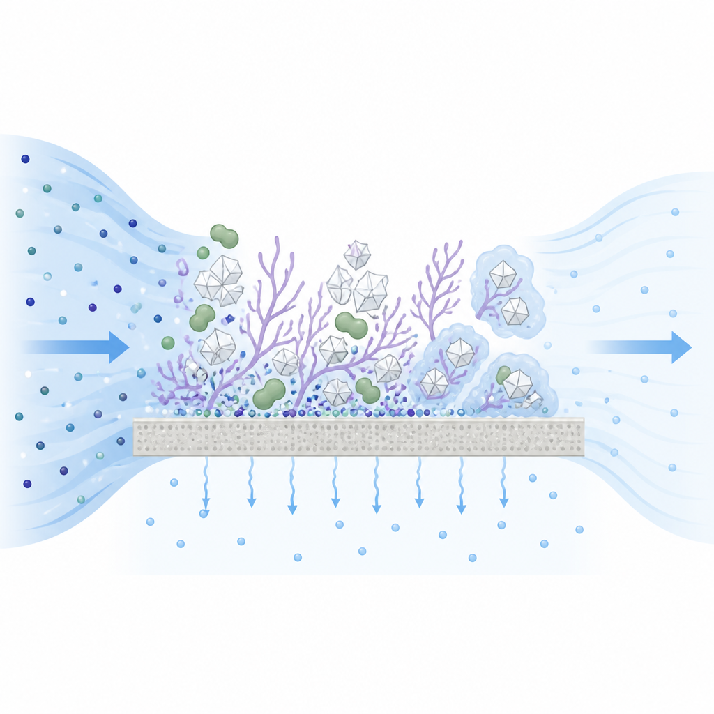 Figure 1. How natural organic matter changes mineral crust buildup on desalination membranes and affects clean water flow.