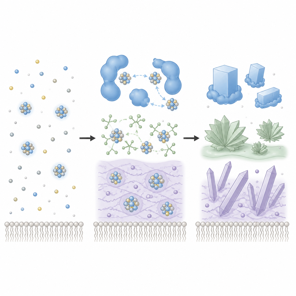 Figure 2. How different organic molecules steer tiny precursors into distinct gypsum crystal shapes near a desalination membrane surface.