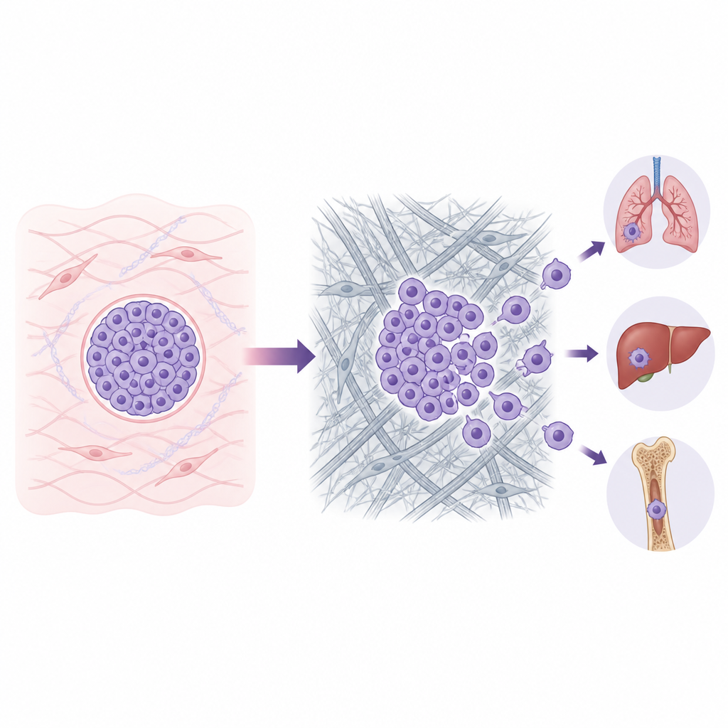 Figure 1. Come il tessuto mammario morbido rispetto a quello rigido indirizza se le cellule tumorali restano confinate o si staccano e si diffondono.