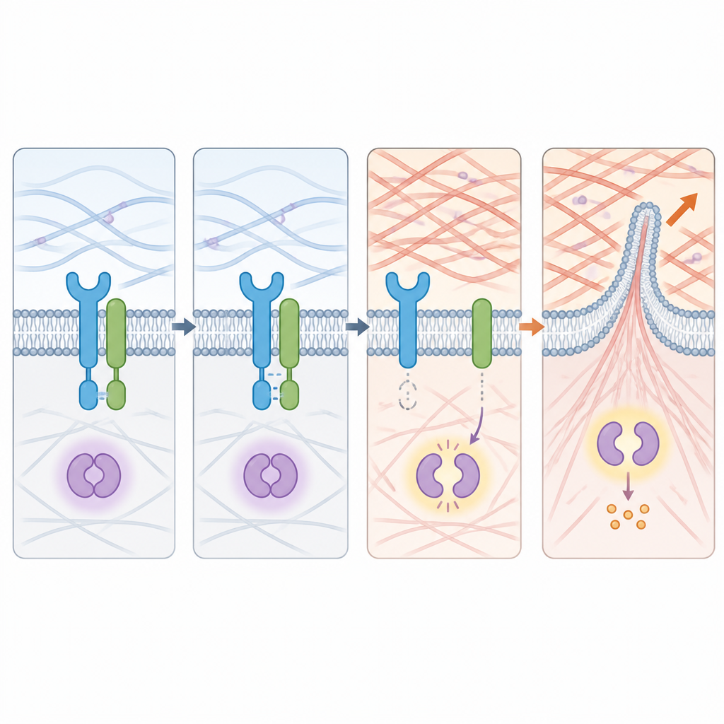 Figure 2. Come un complesso proteico di superficie percepisce il tessuto morbido, mantiene silenziato un fattore che guida il cambiamento e fallisce nei tessuti rigidi permettendo la migrazione cellulare.