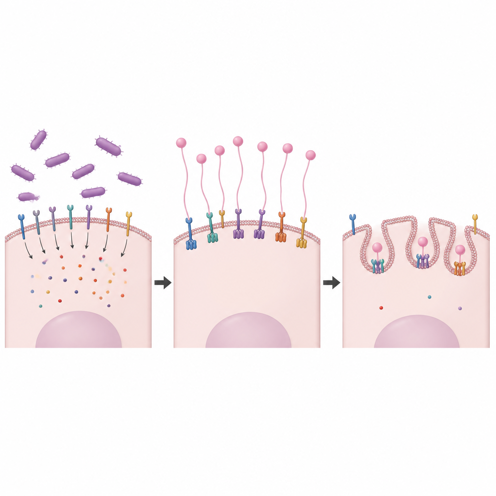 Figure 2. Batteri ultrasmall afferrano i recettori delle cellule gengivali con i pili, vengono ingeriti in vescicole e riducono i segnali infiammatori in uscita.