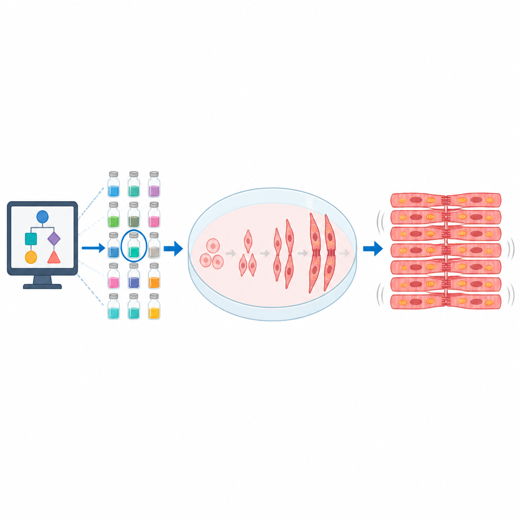 Figure 1. Un mix di nutrienti progettato al computer aiuta le cellule cardiache umane coltivate in laboratorio a diventare più simili a quelle adulte e più affidabili per i test.