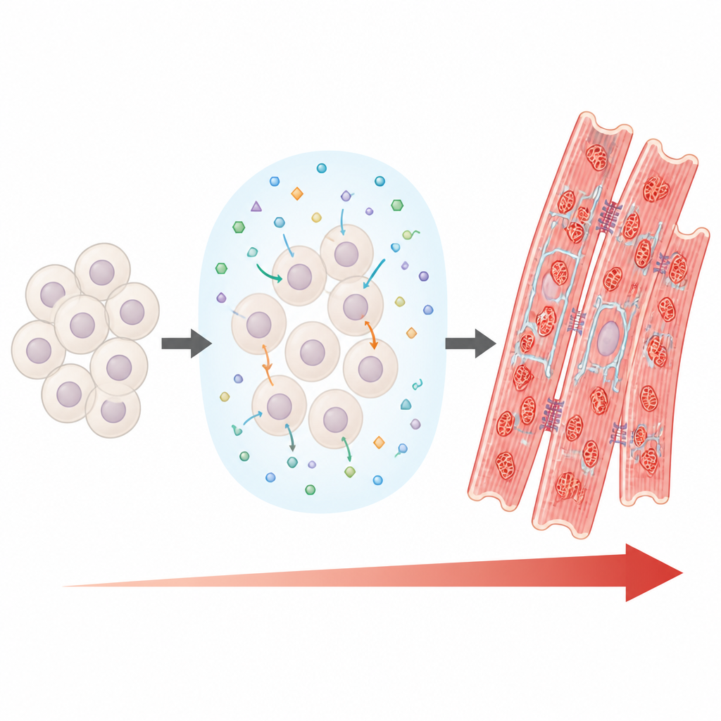 Figure 2. Un mezzo specialistico bagna le cellule cardiache immature, rimodellandone struttura, elettricità e utilizzo energetico verso uno stato simile a quello adulto.