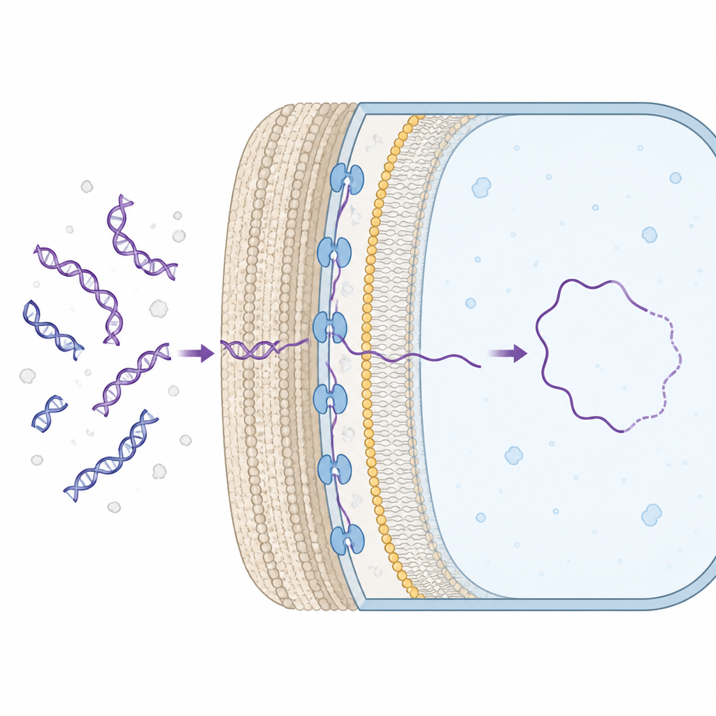 Figure 1. Hoe een oppervlakte-eiwit tweestapsgewijs milieuschandering DNA in een bacterie trekt.