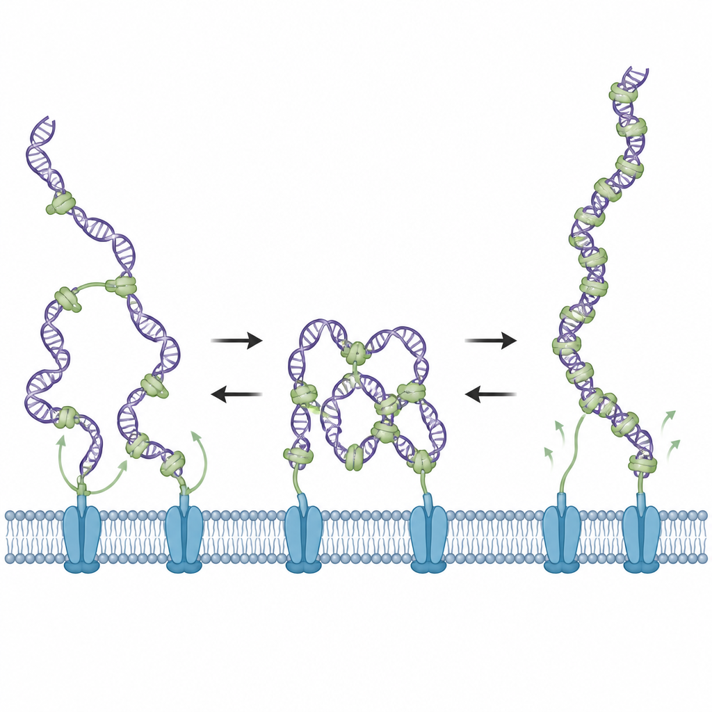 Figure 2. Hoe een eiwit eerst DNA overbrugt en condenseert, en het vervolgens loslaat door te schakelen naar een niet-overbruggende toestand.