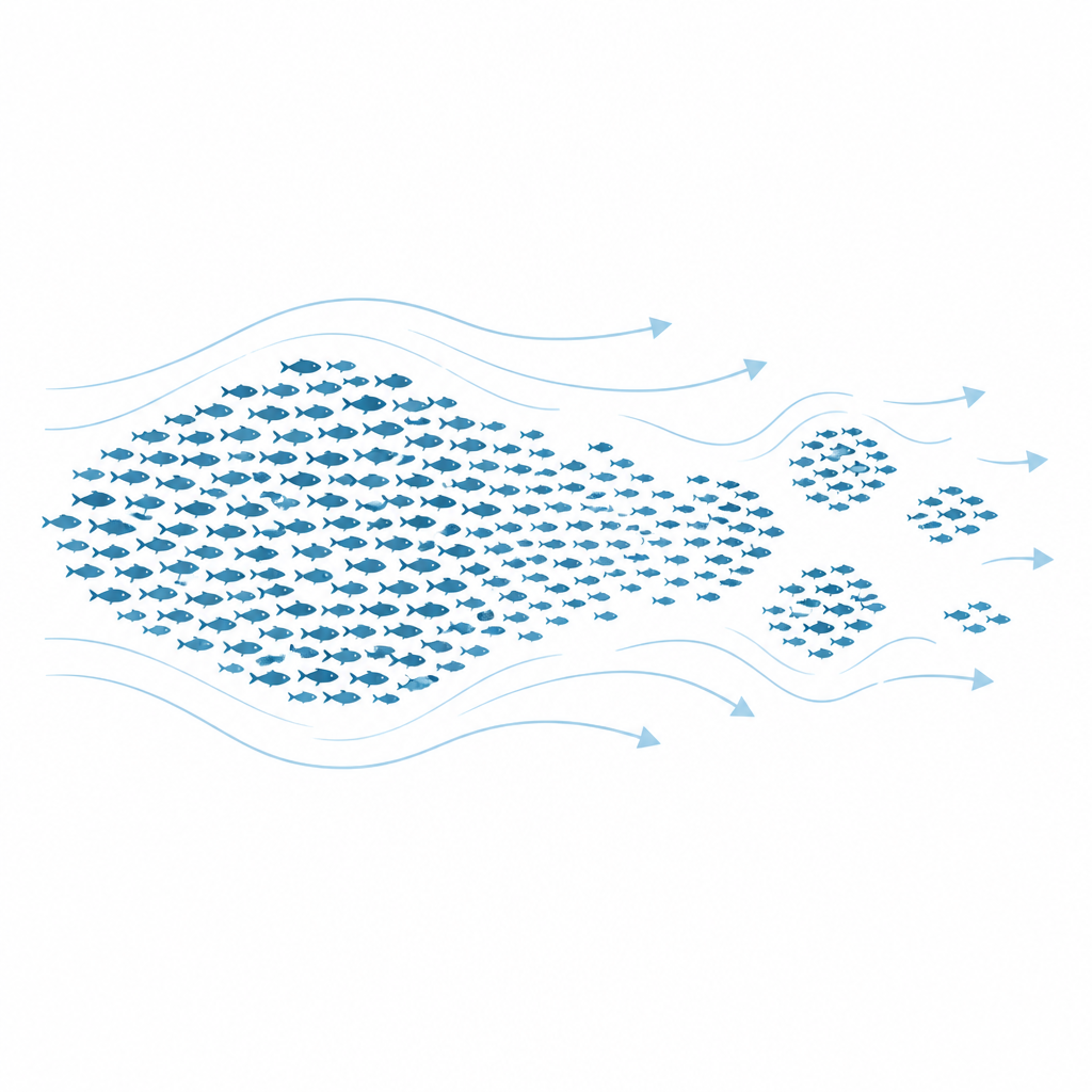 Figure 1. Come banchi di pesci molto grandi si dividono in ammassi quando i flussi d’acqua spingono e tirano molti nuotatori contemporaneamente