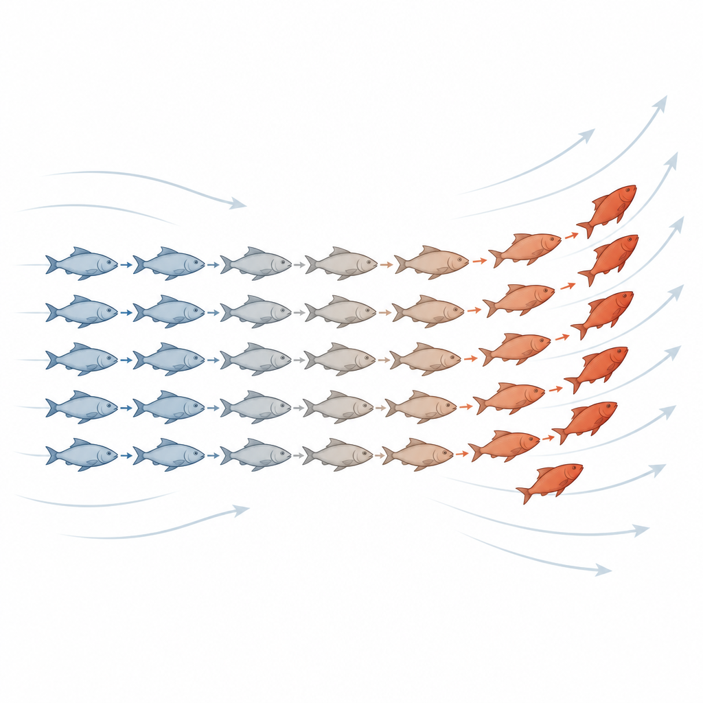 Figure 2. Come un cambiamento di direzione si propaga rapidamente lungo una fila di pesci mentre ciascuno reagisce al vicino che vede davanti a sé