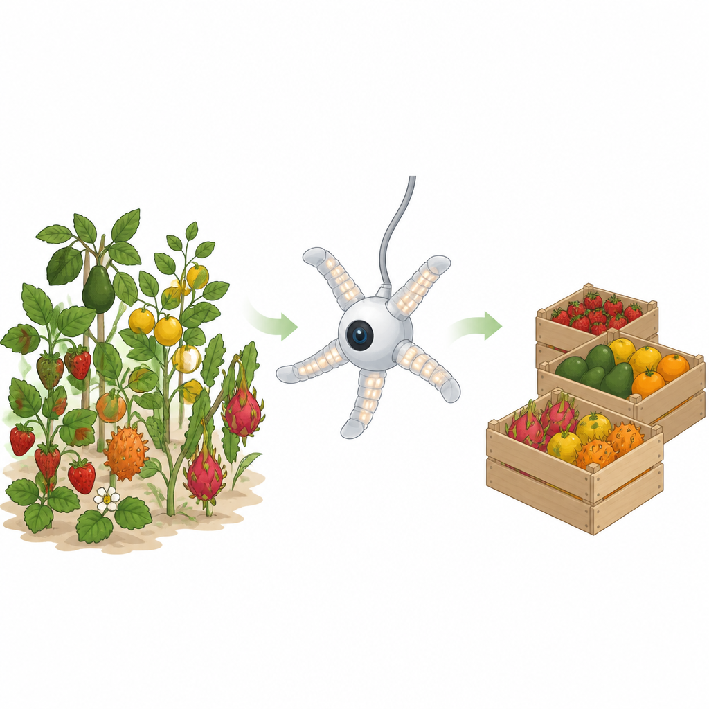 Figure 1. Weiche Roboterhand nutzt Tastsinn und Sehen gemeinsam, um verschiedene Obstsorten ohne Quetschschäden schonend zu ernten.