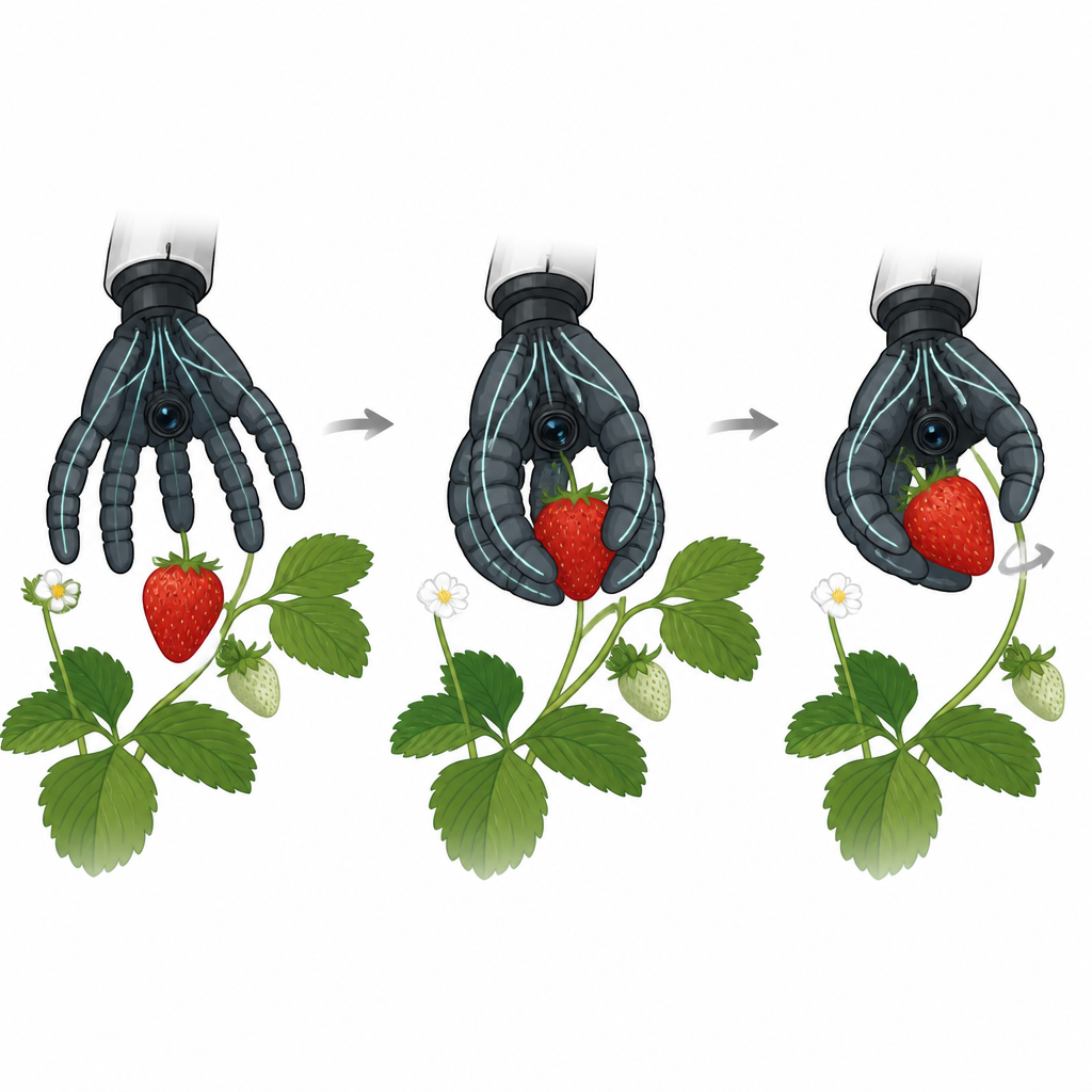 Figure 2. Schritt-für-Schritt-Ansicht einer weichen, mit Sensoren gefüllten Hand, die sich um eine Erdbeere schließt und sie durch Drehen sauber von der Pflanze löst.