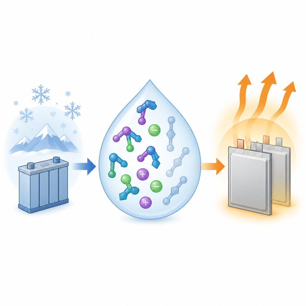 Figure 1. Come una molecola solvente piegata aiuta le batterie al sodio a restare potenti dal freddo estremo ad alto voltaggio.