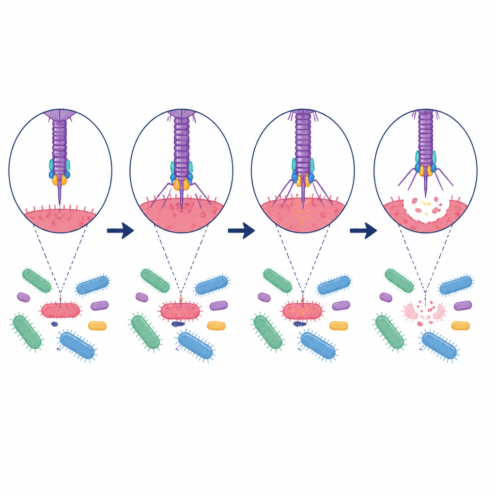 Figure 2. Step-by-step view of a gut virus using tail proteins and lysins to recognize and break open a specific target bacterium.