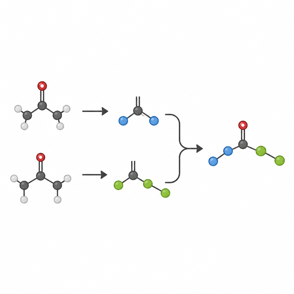 Figure 1. Twee eenvoudige ketonen worden omgezet in fragmenten die samensmelten tot één nieuw, complexer molecuul.