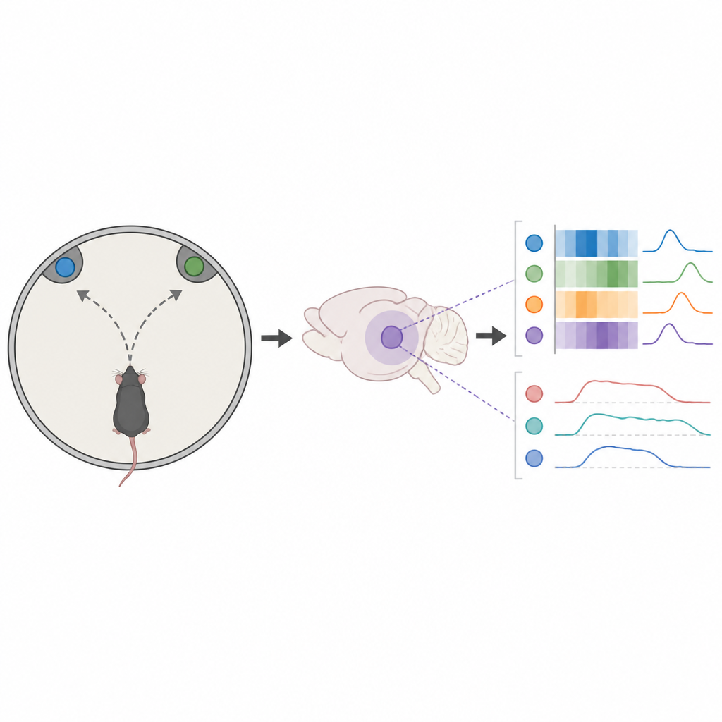 Figure 1. How a mouse brain region tracks recent decisions and results while the animal moves and chooses in a simple visual task.