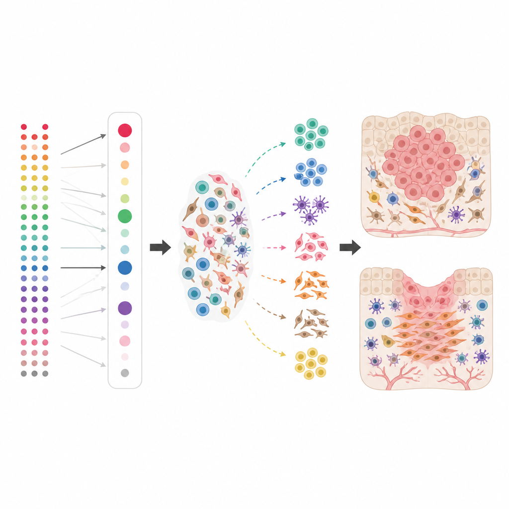 Figure 2. Jak ważone sygnały genowe ujawniają ukryte pustynie immunologiczne w guzach oraz triady komórek tworzących bliznę w ranach.