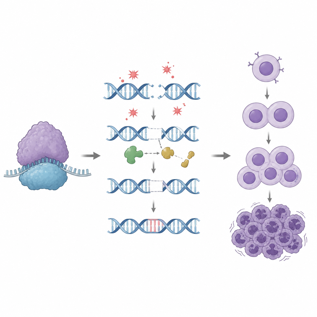 Figure 2. Mutant bir ribozomun DNA'ya nasıl zarar verdiği ve onarım sistemlerini nasıl aşırı yükleyerek kararsız B hücrelerinin kansere dönüşmesine izin verdiği
