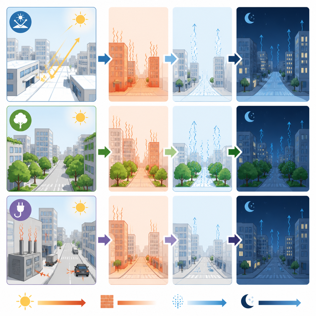 Figure 2. Hoe reflecterende oppervlakken, groen en minder afvalwarmte samenwerken om stadsstraten te koelen, vooral ’s nachts.