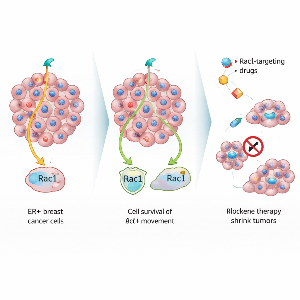 Figure 2. Blocking a Rac1 movement pathway in hormone treated breast cancer cells can curb their survival and shrink resistant tumors.