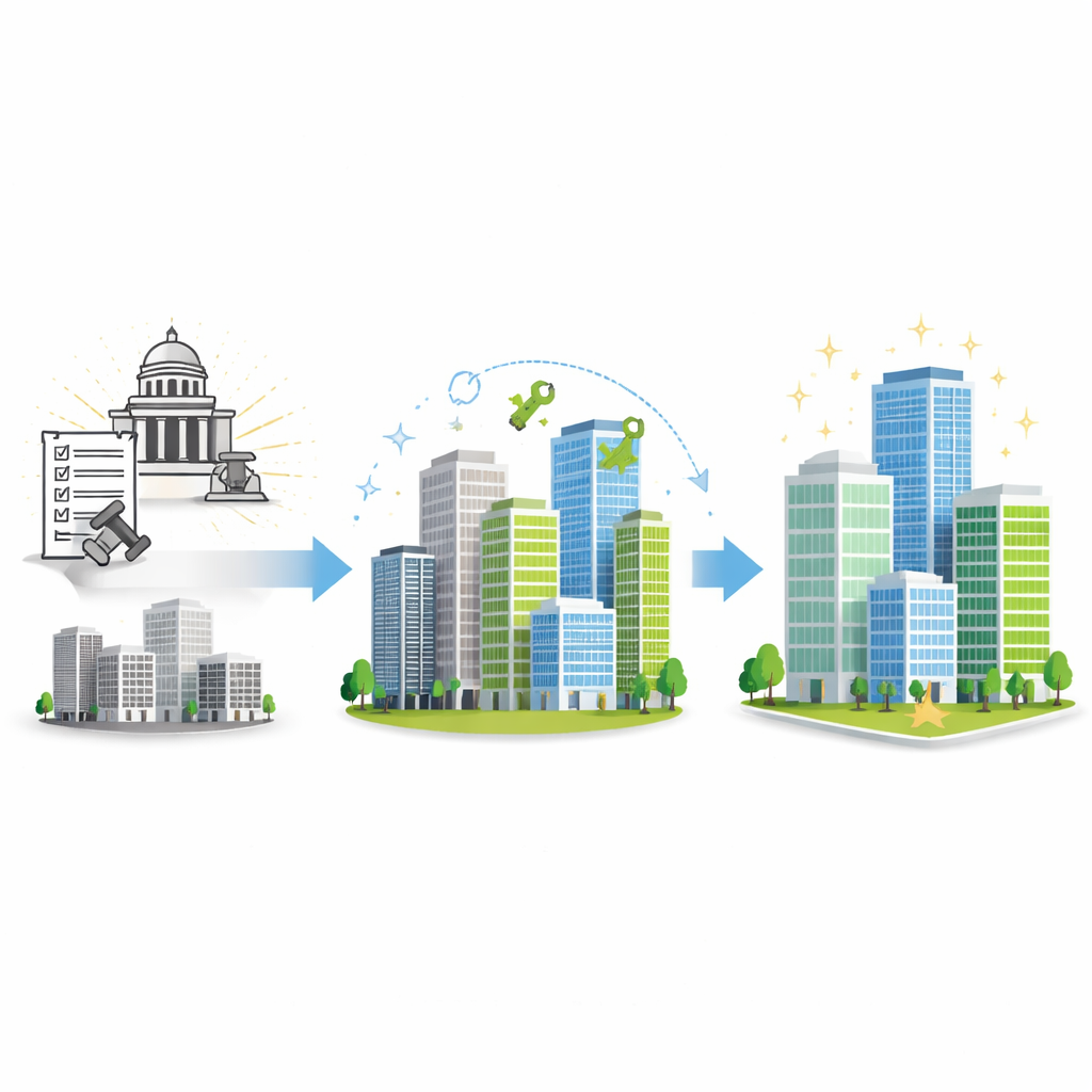 Figure 1. Come una regola energetica di base per gli uffici cambia quali edifici vengono rinnovati e guadagnano valore in città.
