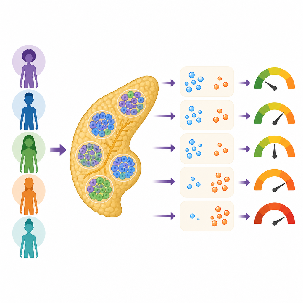 Figure 1. Verschillende mengsels van celtypen in pancreatische eilandjes creëren onderscheidende hormoonpatronen en diabetesrisico’s bij diverse mensen.