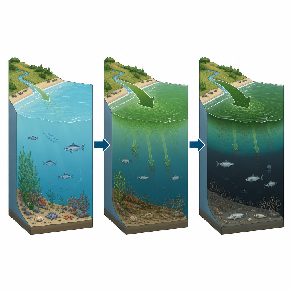 Figure 2. Une impulsion soudaine de phosphore stimule la vie océanique, puis prive d’oxygène les eaux profondes et met en tension les écosystèmes marins.
