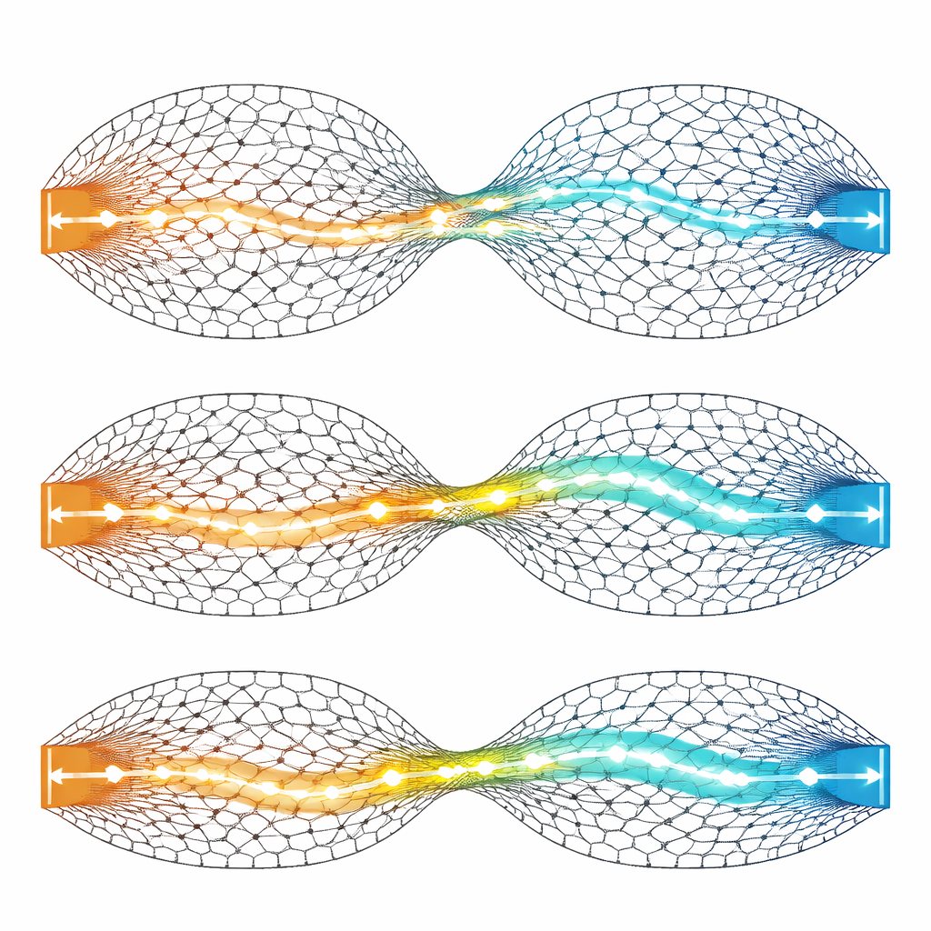 Figure 2. Come collegamenti regolabili nel circuito ad anello trasferiscono energia tra i bordi e creano un pattern di impulsi intrappolato nello spazio e nel tempo.