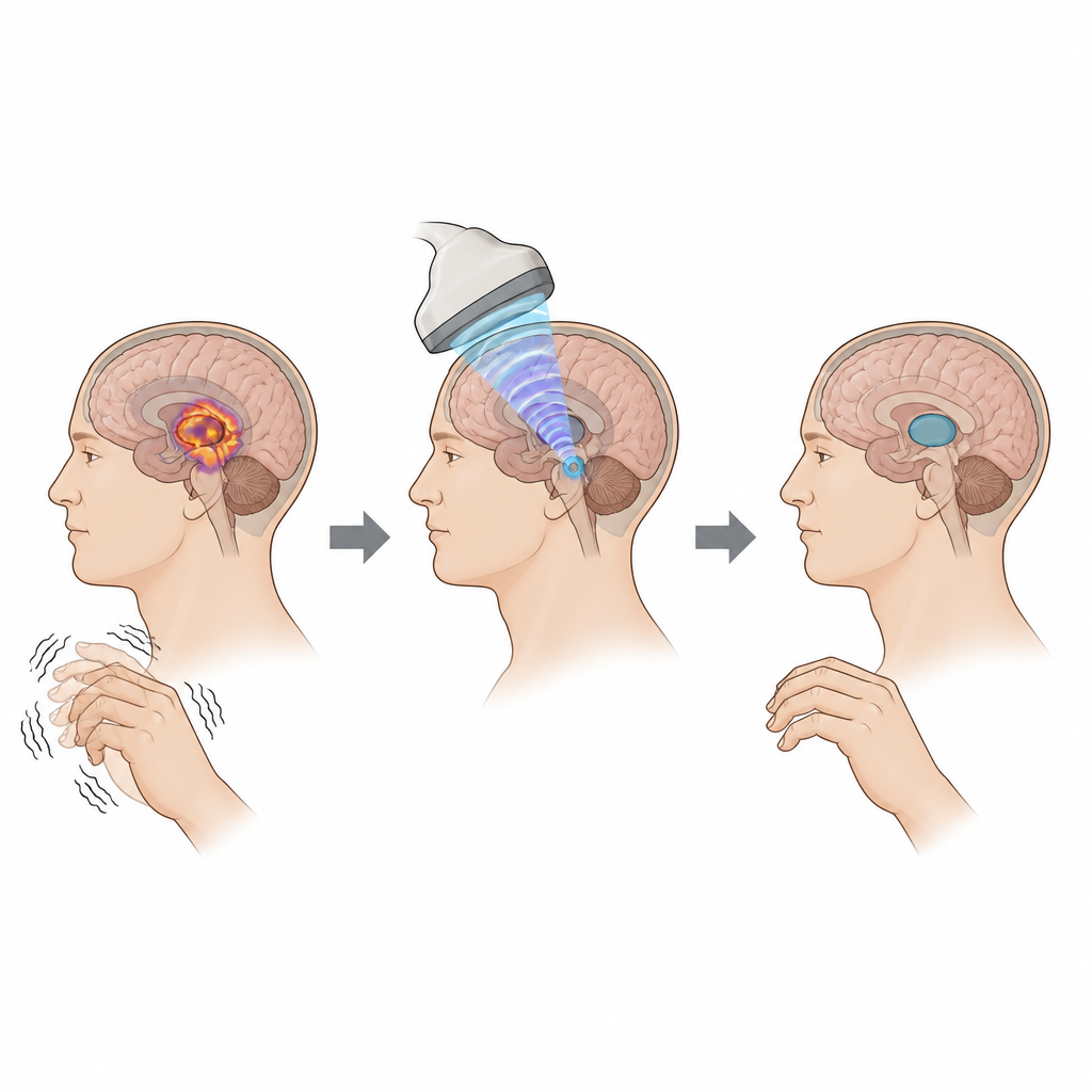 Figure 1. El ultrasonido focal aplicado desde fuera del cráneo calma la actividad anómala en regiones profundas del cerebro que ralentiza el movimiento en la enfermedad de Parkinson.