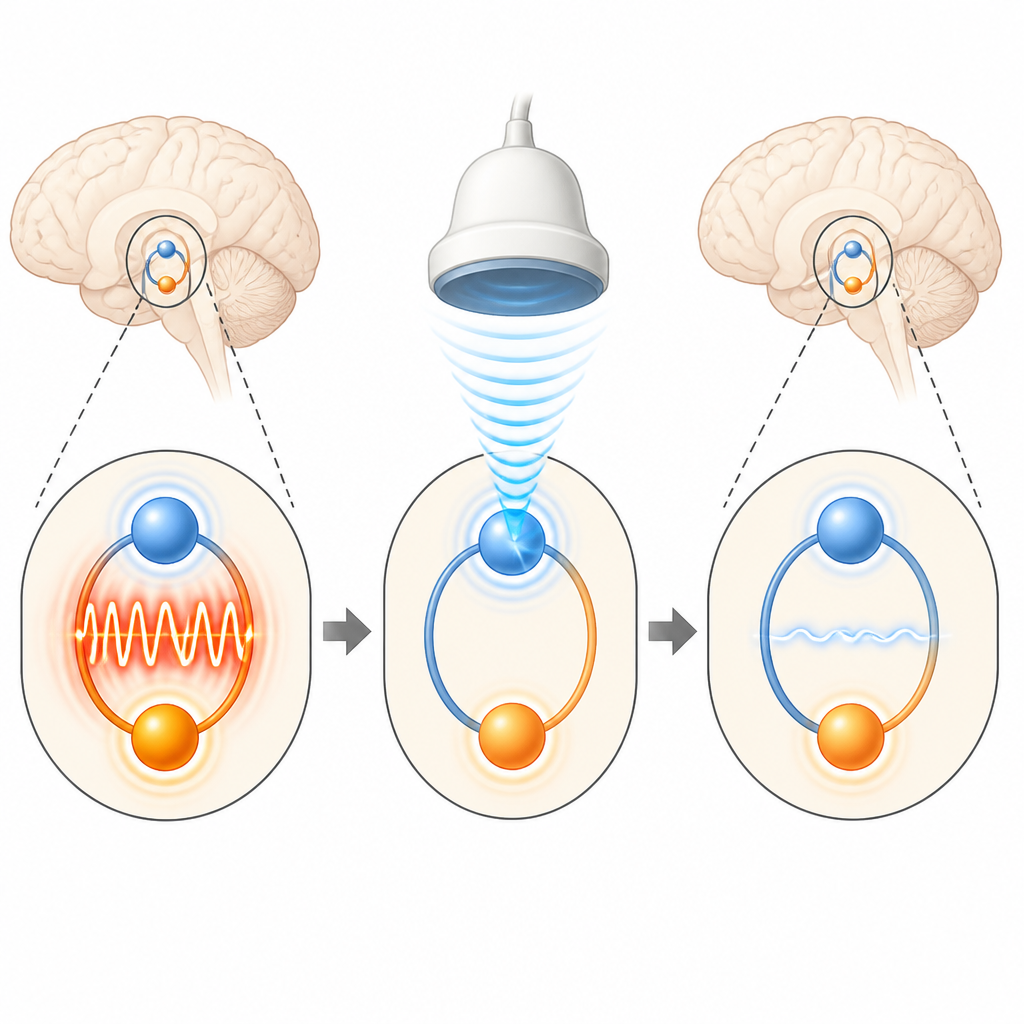 Figure 2. Pulsos de ultrasonido ajustados como la estimulación cerebral atenúan señales rítmicas intensas en un circuito motor afectado por el Parkinson.