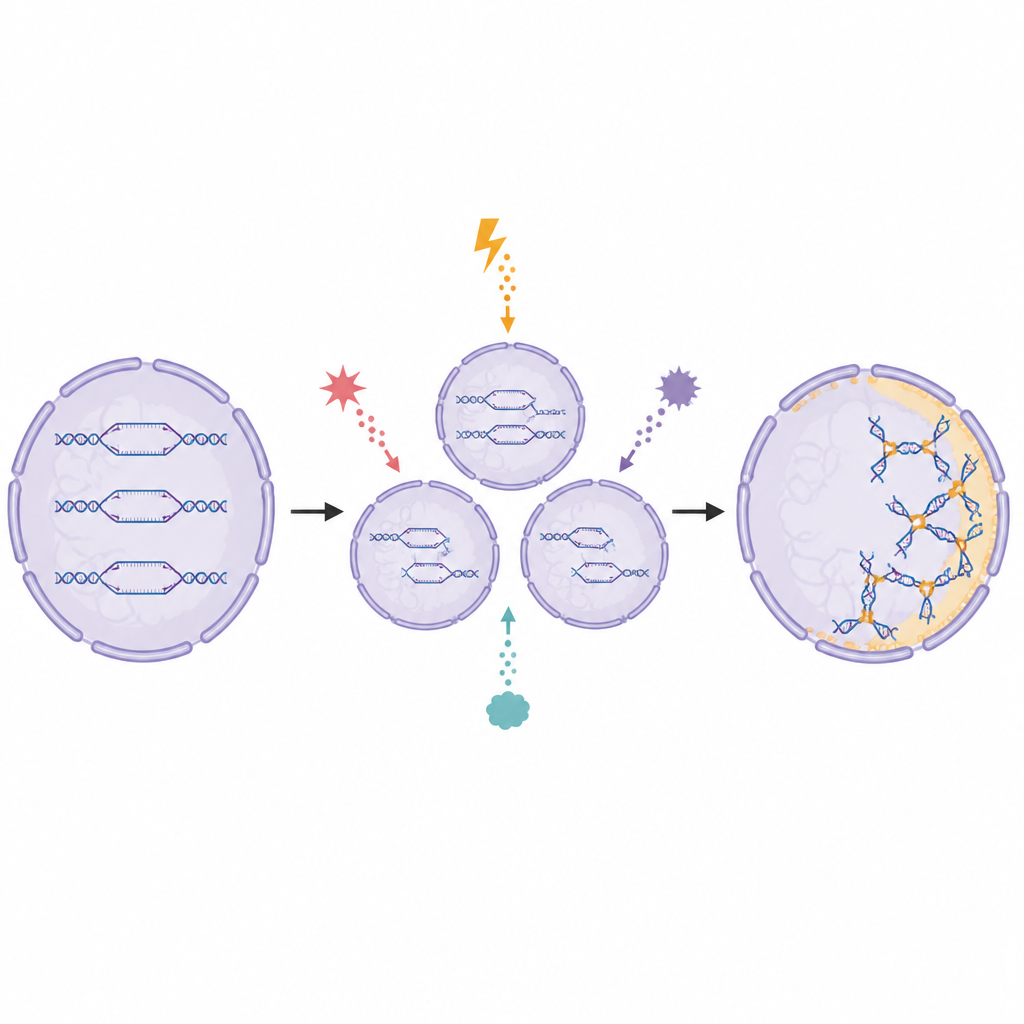 Figure 1. Come le cellule sotto stress rimodellano i siti di copia del DNA al bordo nucleare per proteggere le loro informazioni genetiche.