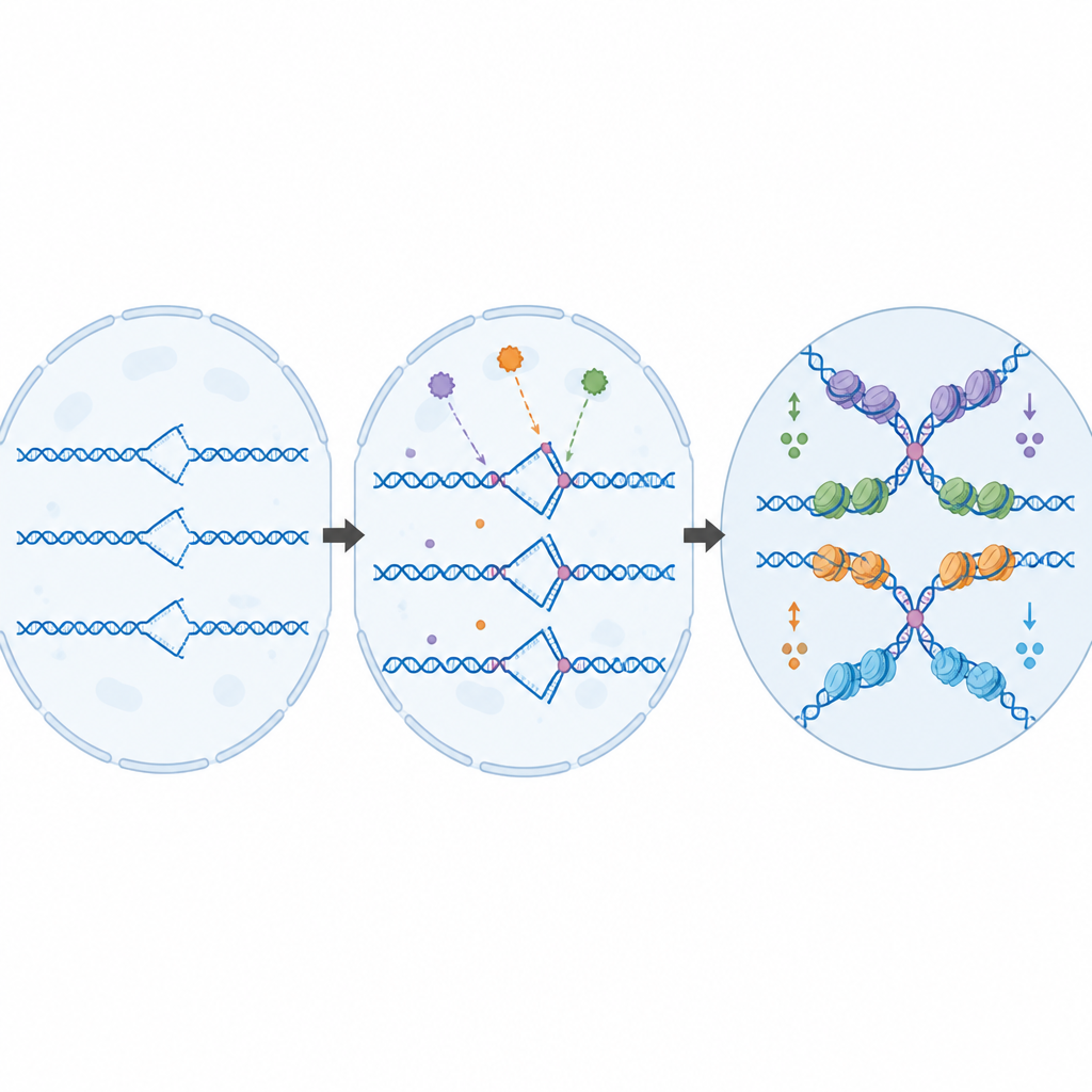 Figure 2. Visione passo dopo passo delle forcelle del DNA che si piegano sotto stress e acquisiscono un modello cromatinico distintivo che guida la riparazione.