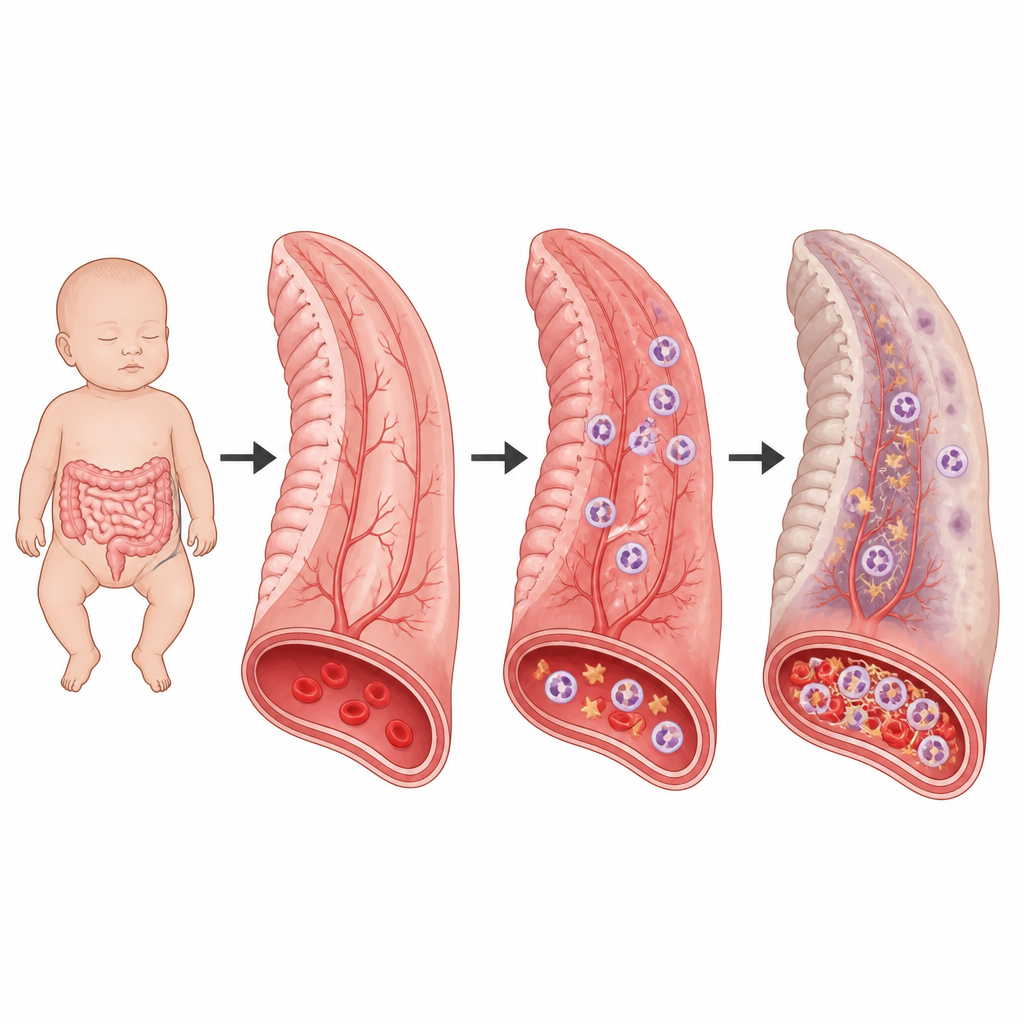 Figure 1. Hoe ontsteking en kleine bloedstolsels in de darm van zuigelingen samenwerken om necrotiserende enterocolitis te verergeren.
