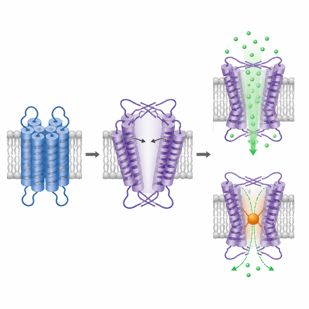 Figure 2. Inwendige blik op TRPM1’s omgekeerde porievorm die een brede doorgang voor ionen creëert en chemisch geblokkeerd kan worden.