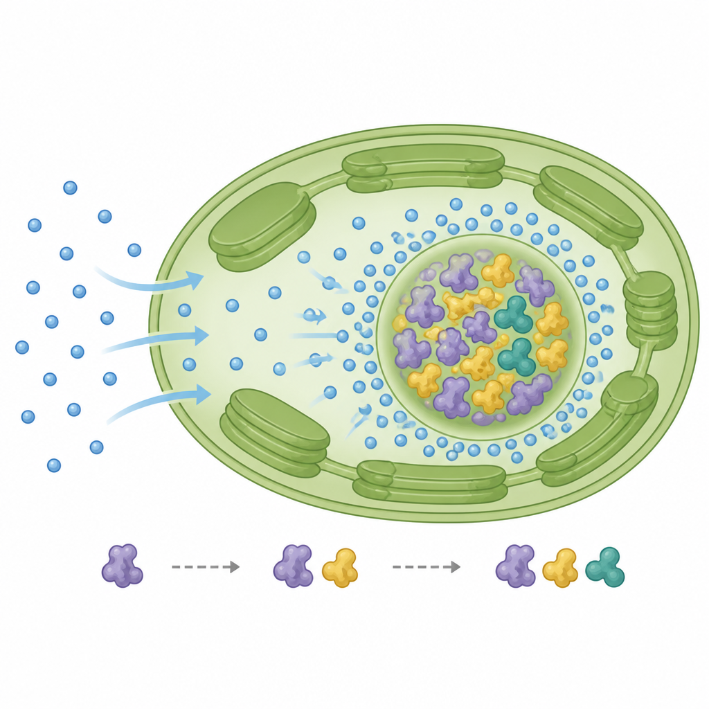 Figure 1. Wie Algen ein Helferprotein in ein dichtes Tröpfchen lotsen, das die Kohlenstoffaufnahme steigert