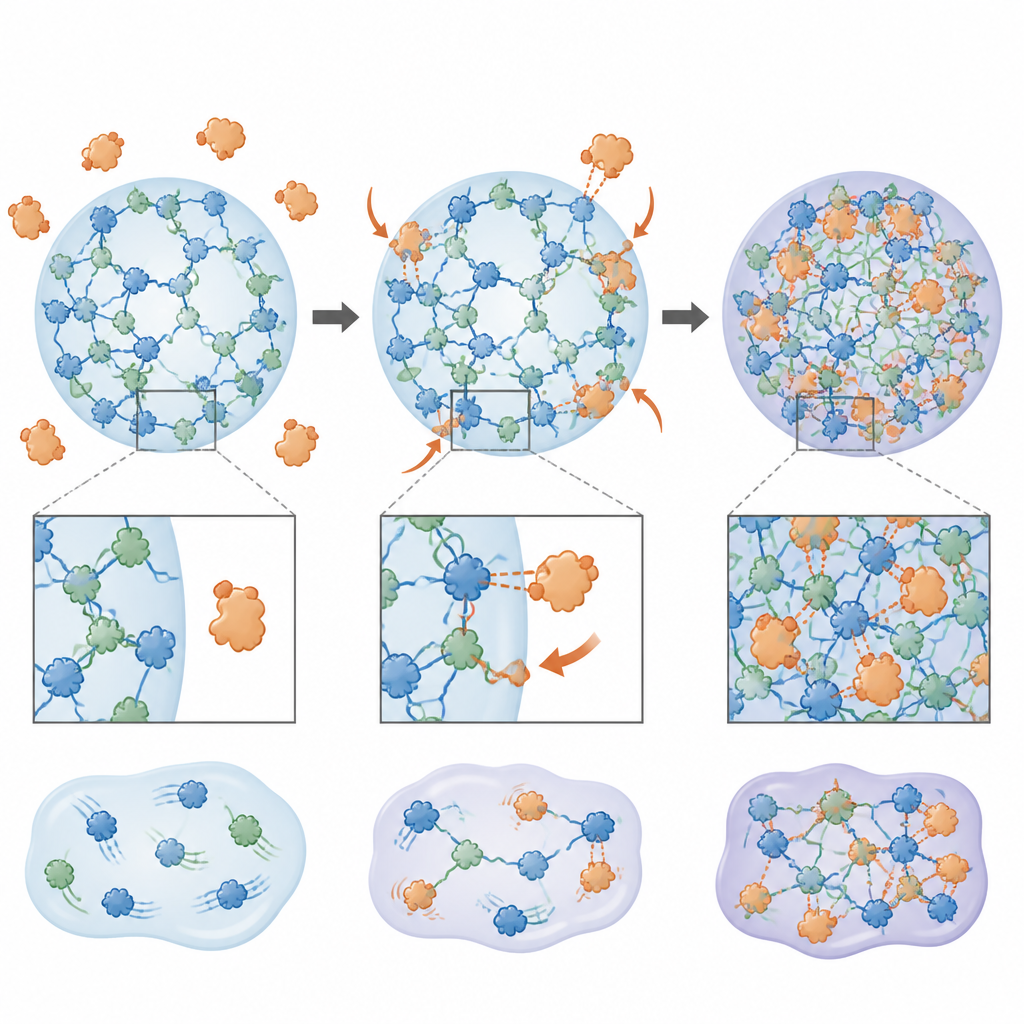 Figure 2. Wie eine kurze klebrige Region an einem Helferprotein es in einen dichten Rubisco‑Tröpfchen zieht und das Tröpfchen versteift