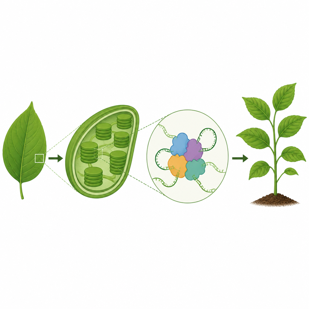 Figure 1. Wie ein umgenutztes Proteinteam Chloroplasten beim RNA‑Editing unterstützt, damit Blätter grün und gesund bleiben.