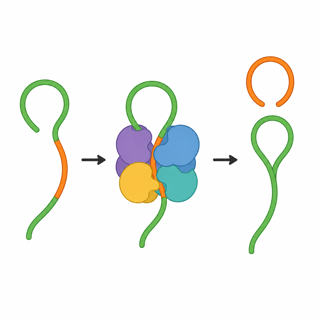 Figure 2. Wie ein Vier‑Protein‑Komplex RNA‑Schleifen in Chloroplasten ergreift und schneidet, um Genabschnitte zusammenzufügen.