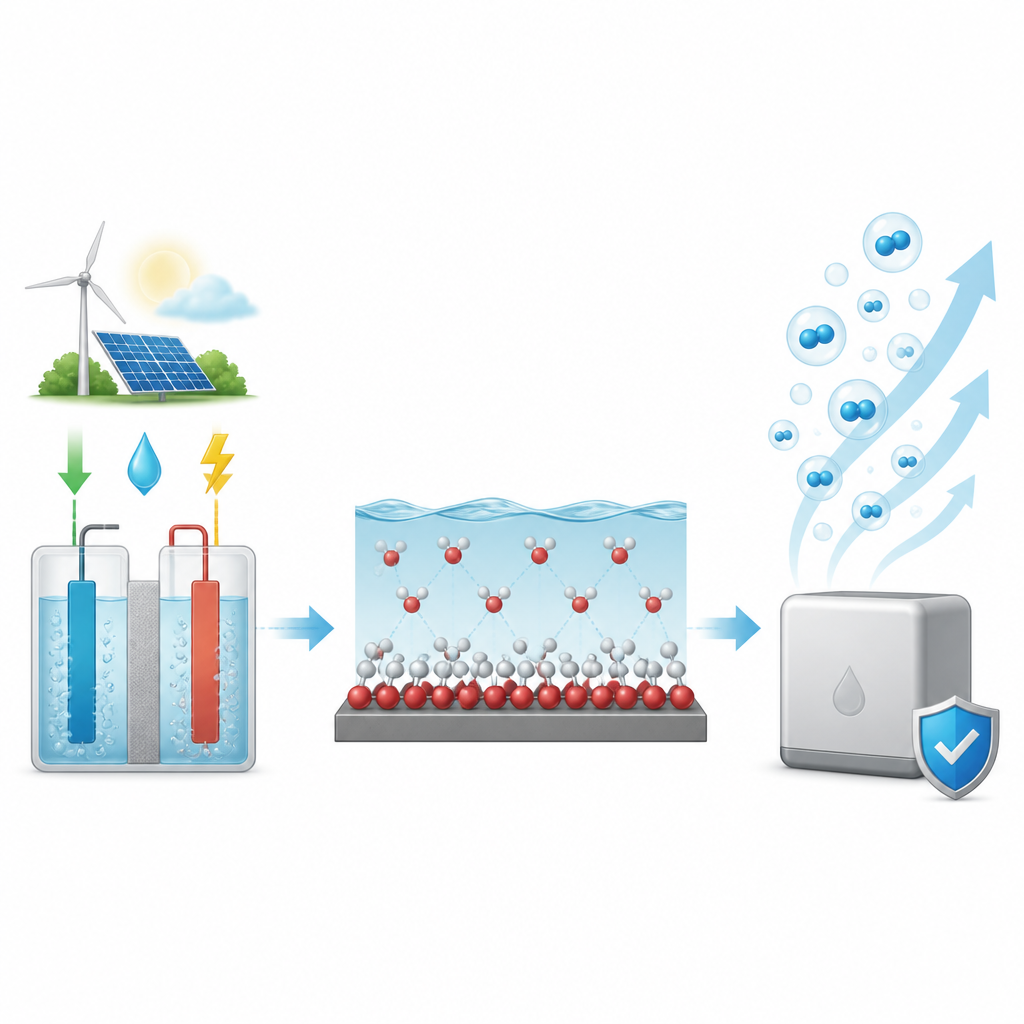 Figure 1. Come l’allineamento delle molecole d’acqua su un catalizzatore aumenta la produzione di idrogeno pulito e la durata del dispositivo.
