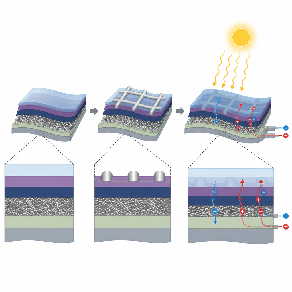 Figure 2. توجه الشبكات الفضية المدفونة تحت طبقة عازلة رقيقة التيار بسلاسة عبر تكديس الخلية الشمسية المرنة.