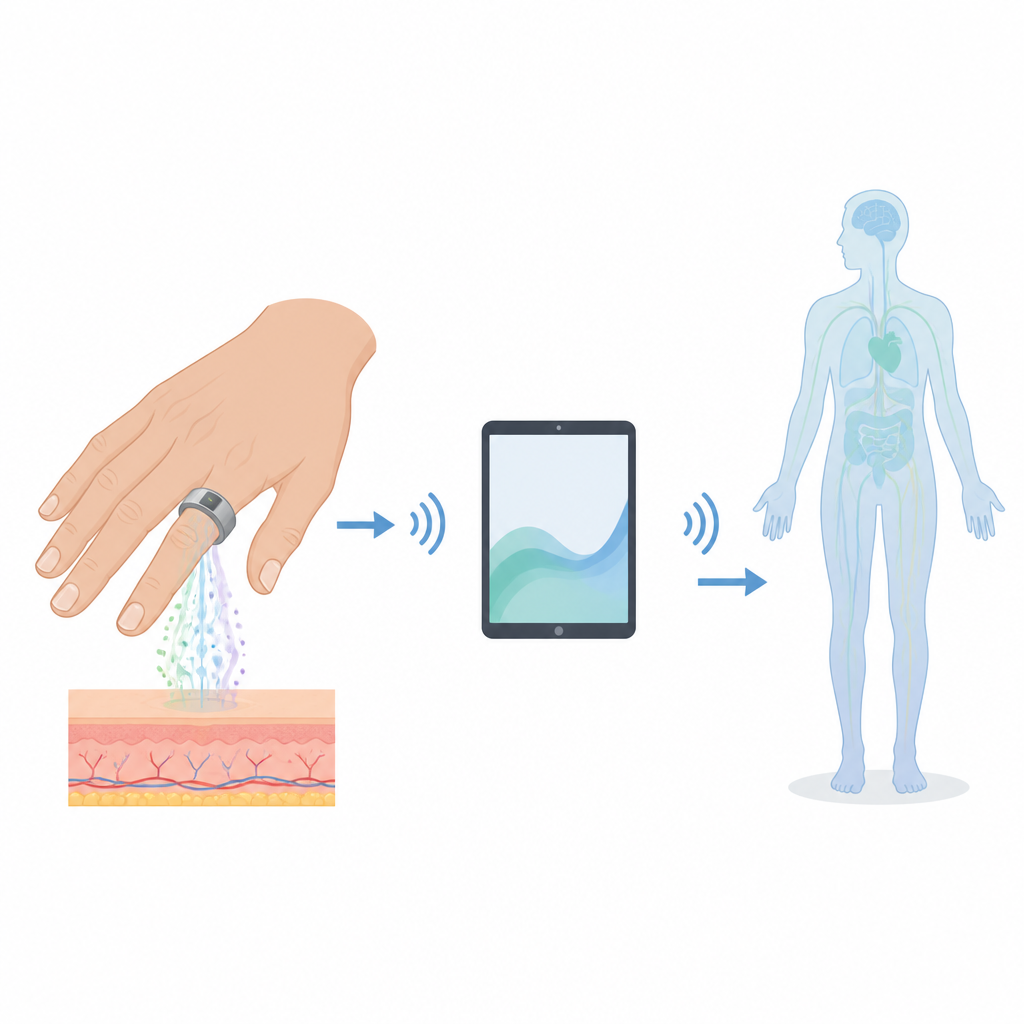 Figure 1. Ring am Finger erkennt Hautdämpfe und übermittelt Gesundheitsinformationen durch einen einfachen Fluss von links nach rechts