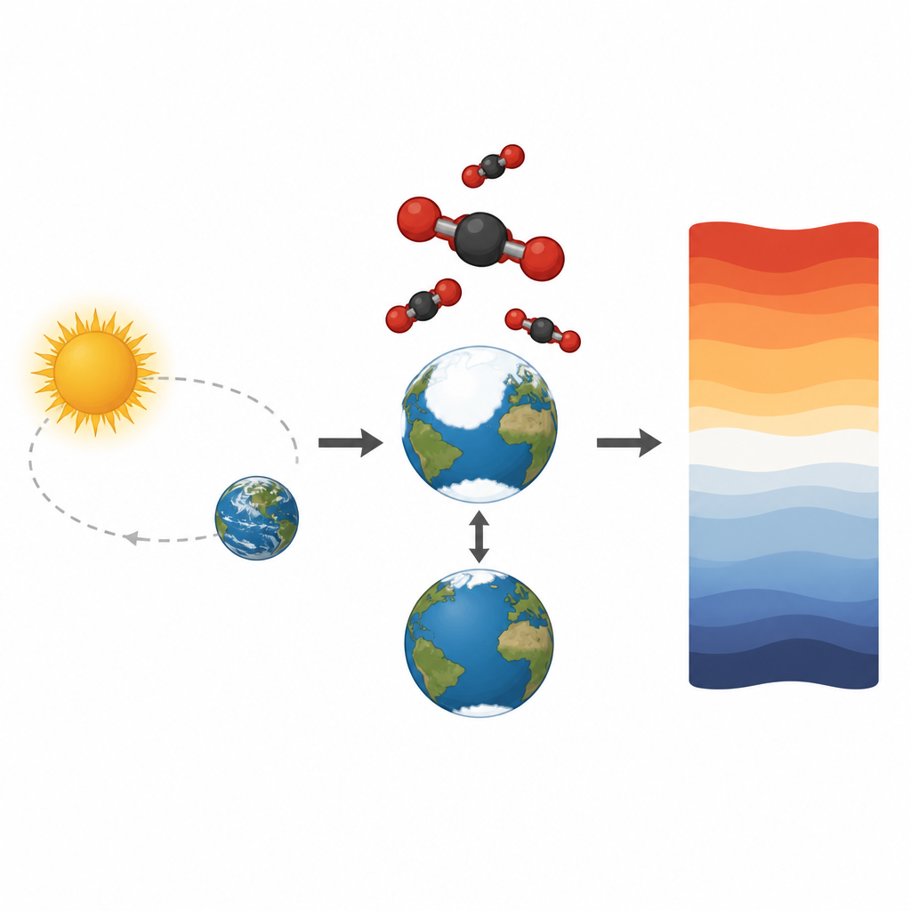 Figure 1. Давние ледниковые температуры в основном следовали за изменениями CO2 и ледяных щитов, в то время как орбита Земли действовала скорее как мягкий метроном.